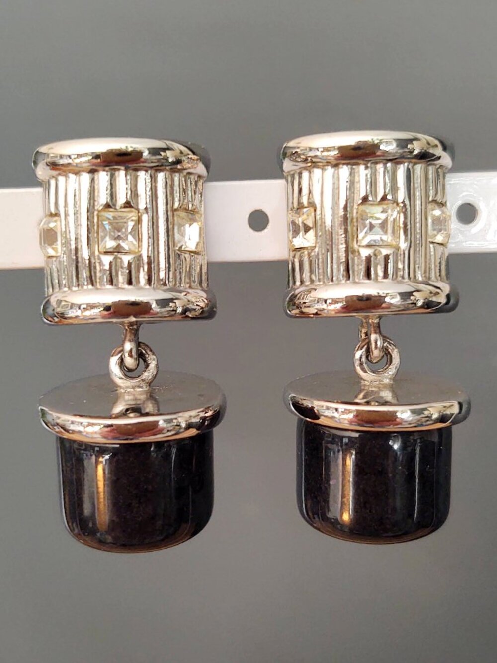 Vintage chunky silver and dark gray clip on earrings with cz accents